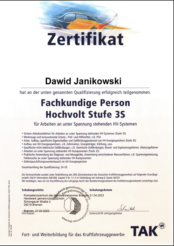 HV-3S Zertifikat